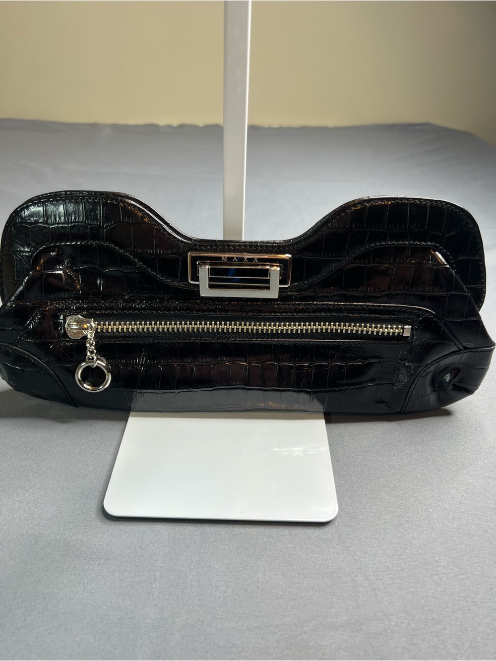 MAXX New York Black Croc Embossed Leather Clutch Hot Pink Lining